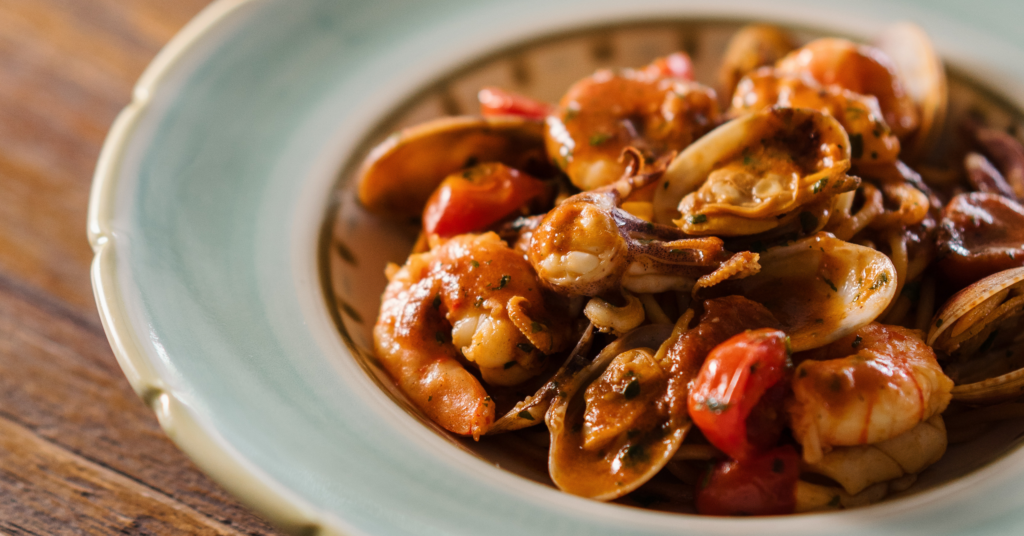 Seafood pasta on the table